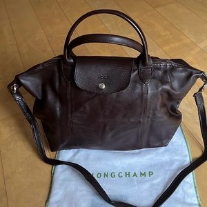 Longchamp Le Pliage Cuir Leather Convertible Tote Medium Dark Brown Shoulder Bag